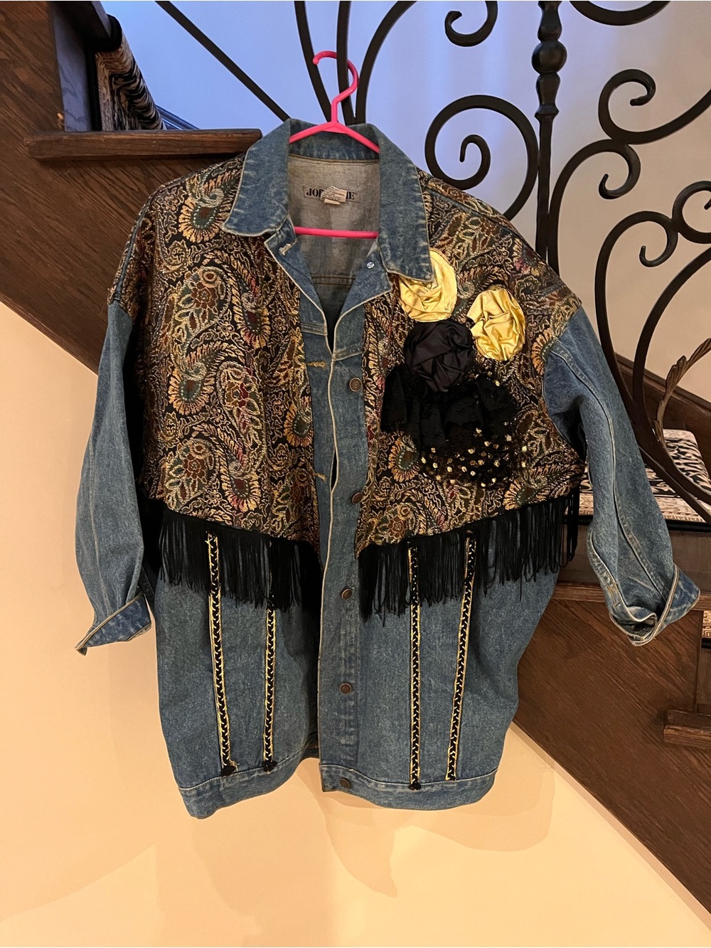 Jordache Blue Denim Jacket with Paisley Overlay and Yellow Floral Accents